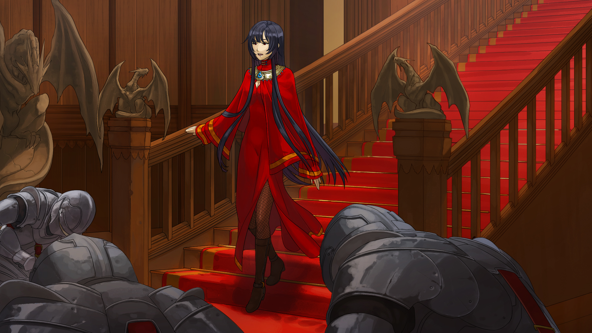 Artwork for Path of the Midnight Sun depicting Lady Faratras coming down stairs in the castle, with knights bowing.