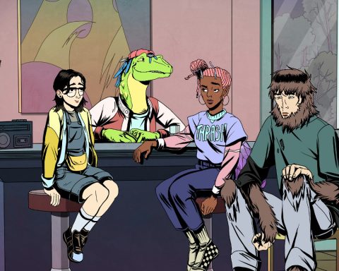 A screenshot from Raptor Boyfriend: A High School Romance. It shows Stella, Robert, Day, and Taylor sitting at a bar in Robert's house.