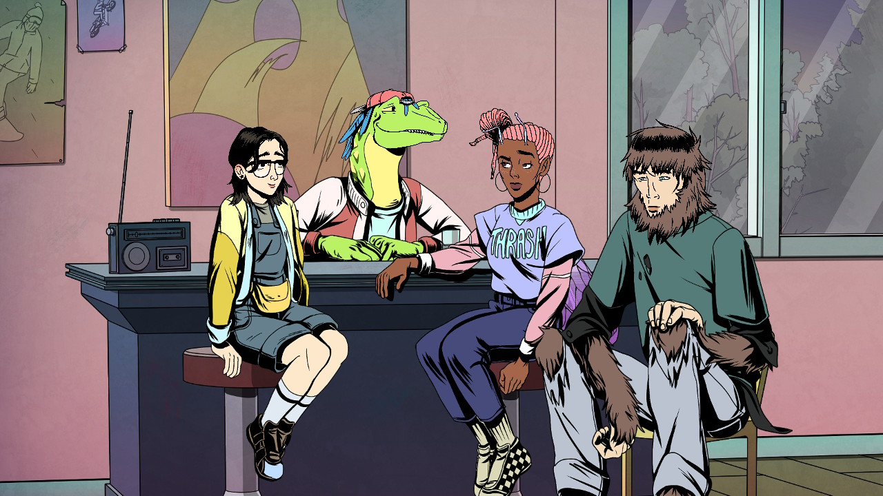 A screenshot from Raptor Boyfriend: A High School Romance. It shows Stella, Robert, Day, and Taylor sitting at a bar in Robert's house.
