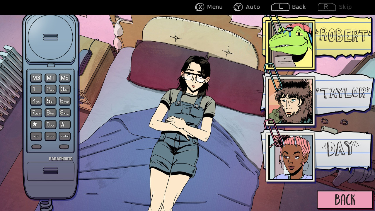 A screenshot from Raptor Boyfriend: A High School Romance. It shows Stella on her bed wondering who to call.