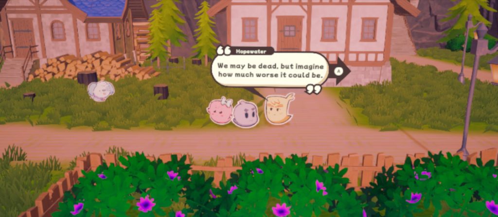 A screenshot from The Outbound Ghost. Three ghosts (and one ghost pup) are on screen. The three are talking, with one saying "we may be dead, but imagine how much worse it could be."