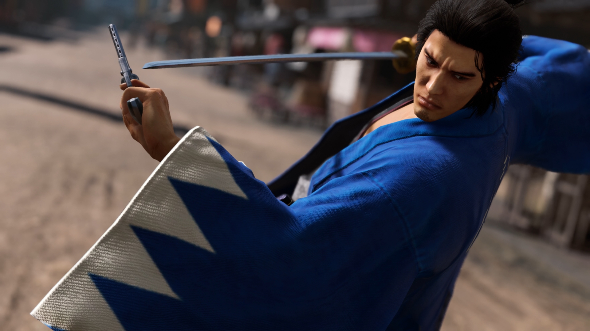 A screenshot from Like a Dragon: Ishin! depicting the Wild Dancer combat style.