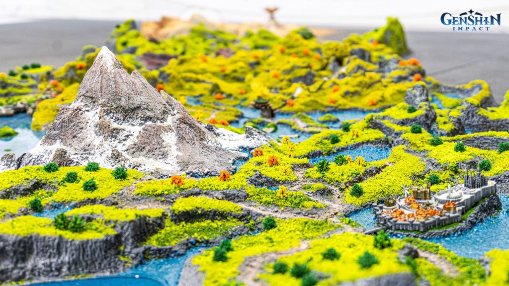 A close-up photo of a 3D model from the Genshin Impact art exhibit.