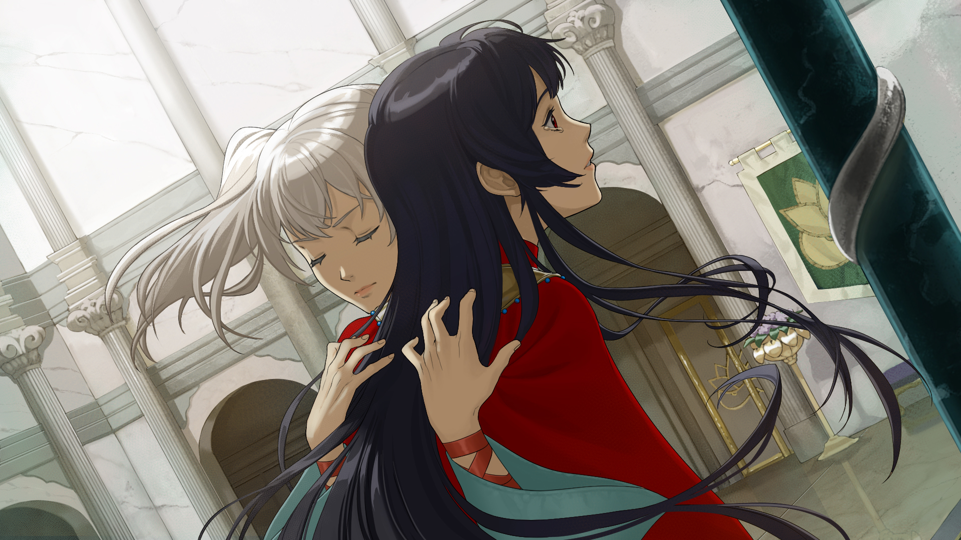 Shiori and Lady Faratras hugging in Path of the Midnight Sun.