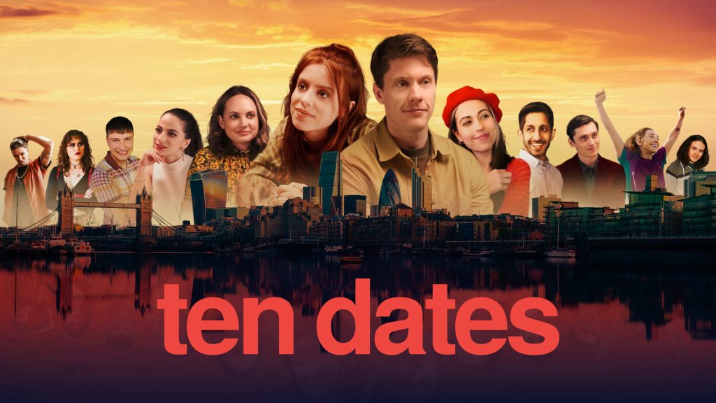 The key art for Ten Dates, with the game's logo, the protagonists Misha and Ryan, and their ten dates.