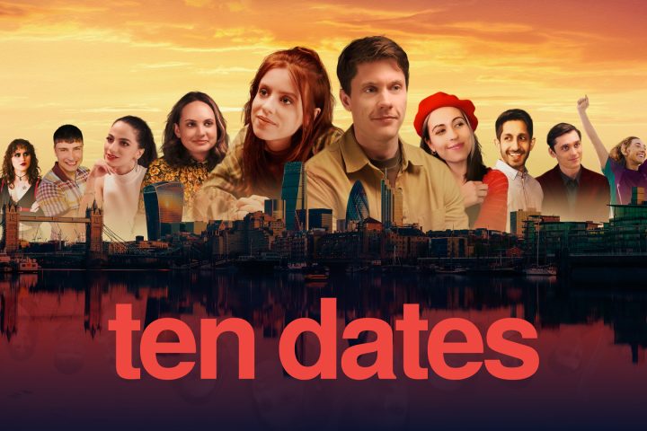The key art for Ten Dates, with the game's logo, the protagonists Misha and Ryan, and their ten dates.