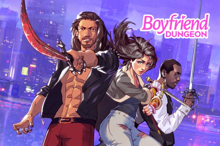 The key art for Boyfriend Dungeon featuring the game's logo and three dateable weapons.