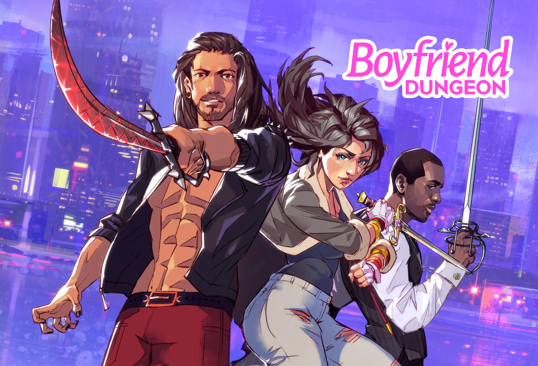 The key art for Boyfriend Dungeon featuring the game's logo and three dateable weapons.