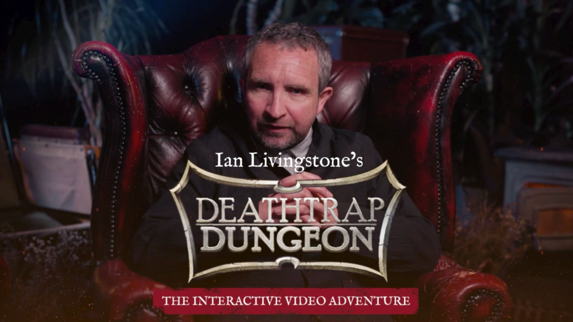 A screencap from the trailer for Deathtrap Dungeon: The Interactive Video Adventure. The game's logo is superimposed on top of the narrator.