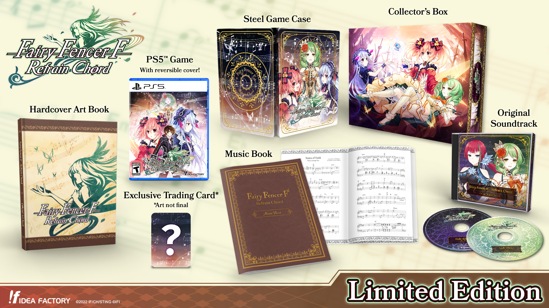 An image of everything in Fairy Fencer F: Refrain Chord's Limited Edition. It includes the game for the console of choice (PlayStation 5, PlayStation 4, Nintendo Switch) with a reversible cover, a steel game case, hardcover art book, original soundtrack, music book (love this!), collector's box, and exclusive trading card.