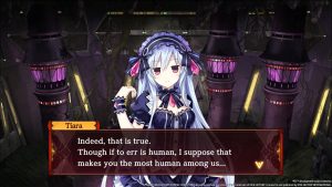 A screenshot of Tiara speaking in Fairy Fencer F: Refrain Chord. She says, "Indeed, that is true. Though if to err is human, I suppose that makes you the most human among us."