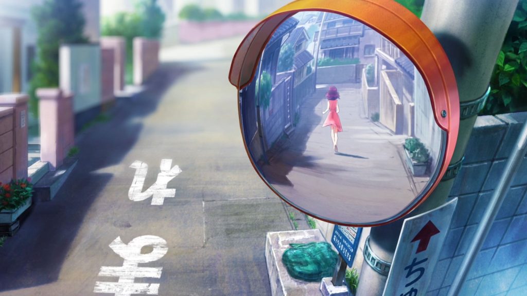 A screenshot from Loop8: Summer of Gods. It shows a city street with a reflector high above it; reflected is a girl running away.