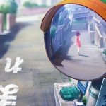 A screenshot from Loop8: Summer of Gods. It shows a city street with a reflector high above it; reflected is a girl running away.