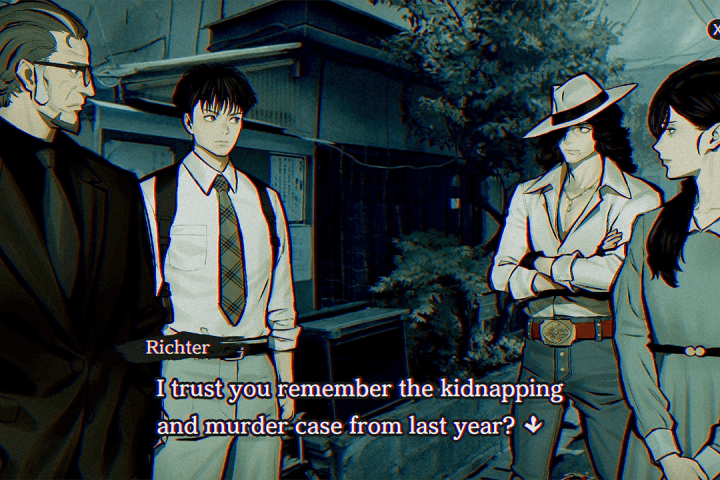 A screenshot from Paranormasight: The Seven Mysteries of Honjo. Four people stand in a semi-circle. Richter is talking: "I trust you remember the kidnapping and murder case from last year?"