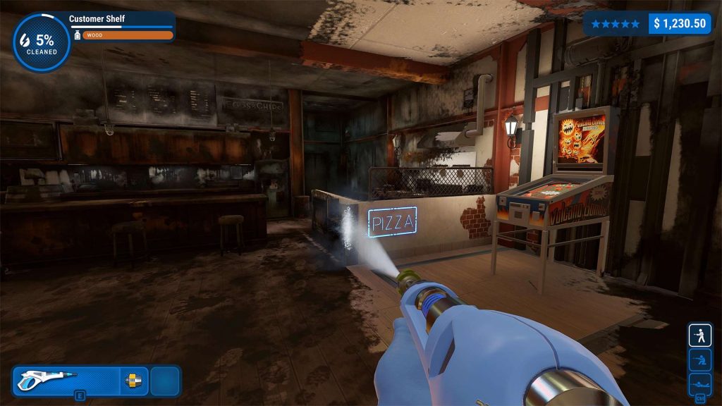 A screenshot from PowerWash Simulator Welcome to Midgar DLC. There's a powerwasher in a bar.