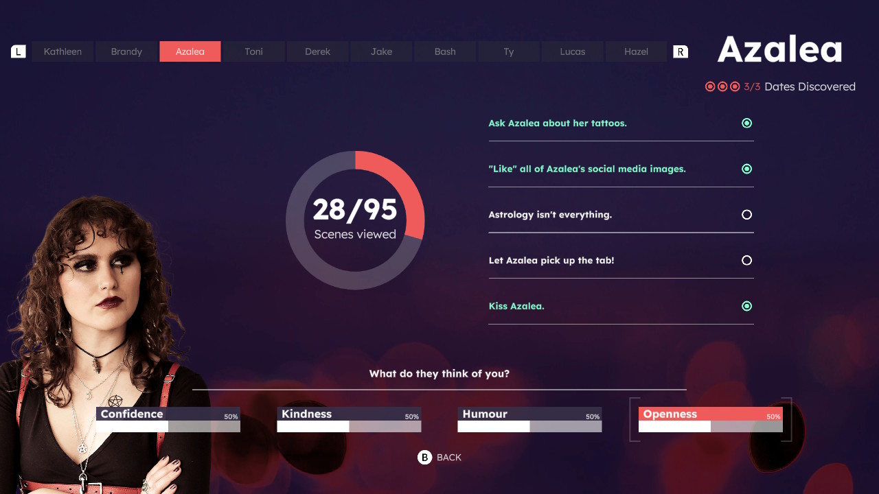 A screenshot of a relationship screen from Ten Dates. This is Azalea's screen, and contains her photo, the number of scenes with her you've seen, five tasks, and her opinions on you in terms of confidence, kindness, humour, and openness.