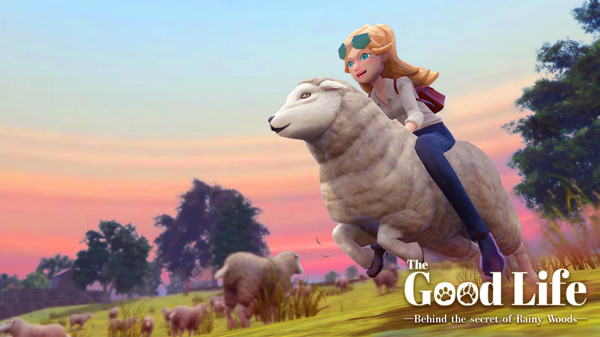 An image from The Good Life DLC showing Naomi riding a sheep.