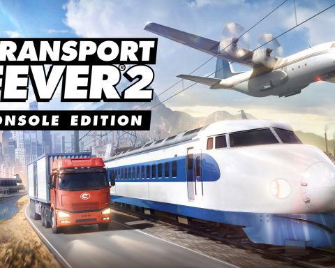 The key art for Transport Fever 2: Console Edition. It features the game's logo, a ship, a truck, a train, and a plane.