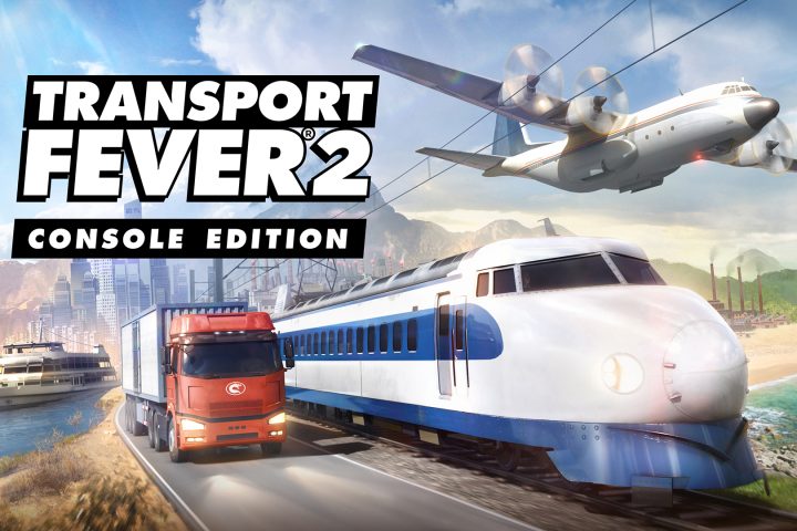 The key art for Transport Fever 2: Console Edition. It features the game's logo, a ship, a truck, a train, and a plane.