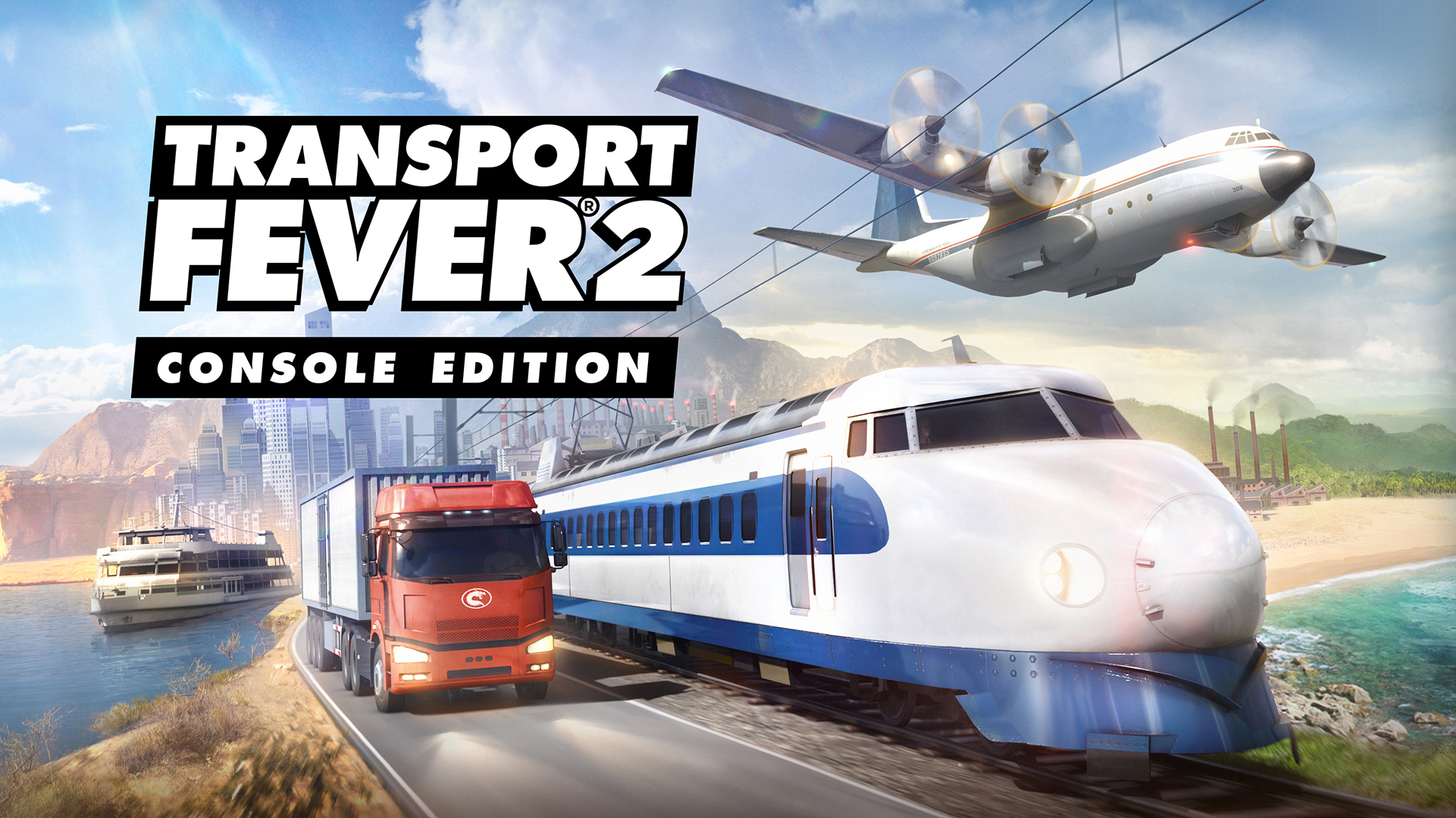 The key art for Transport Fever 2: Console Edition. It features the game's logo, a ship, a truck, a train, and a plane.