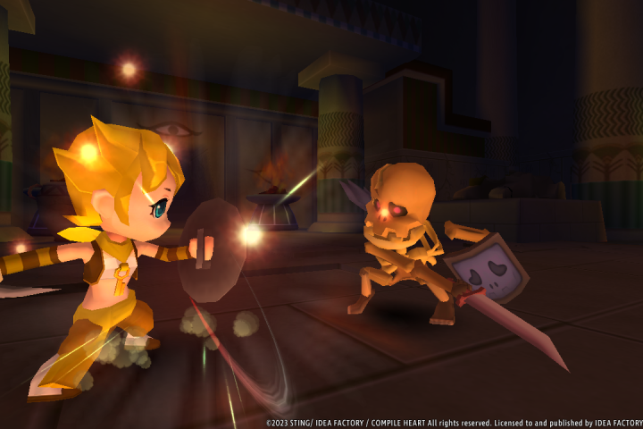 A screenshot of a fight with a skeleton in Dokapon Kingdom: Connect.