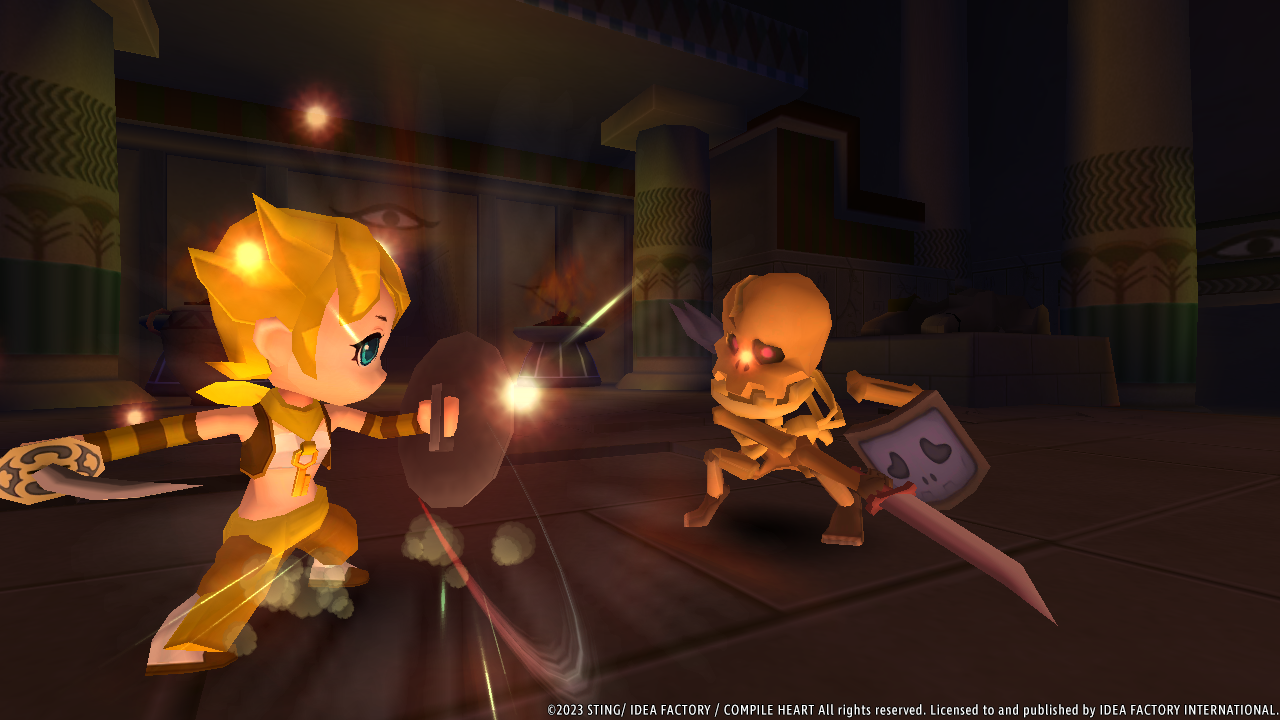 A screenshot of a fight with a skeleton in Dokapon Kingdom: Connect.
