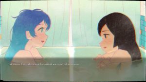 A screenshot from ghostpia Season One. Two girls are sharing a bathtub. The text states, "Whenver Yoru talks, a fresh, but artificial, mint scent tickles my nose."