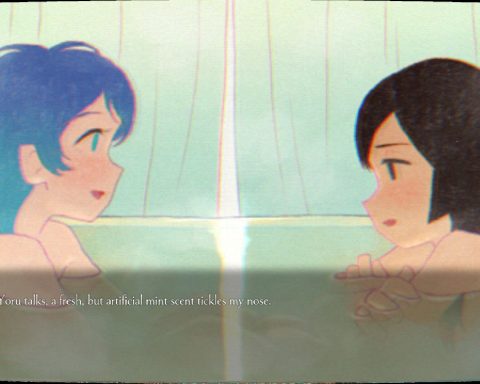 A screenshot from ghostpia Season One. Two girls are sharing a bathtub. The text states, "Whenver Yoru talks, a fresh, but artificial, mint scent tickles my nose."