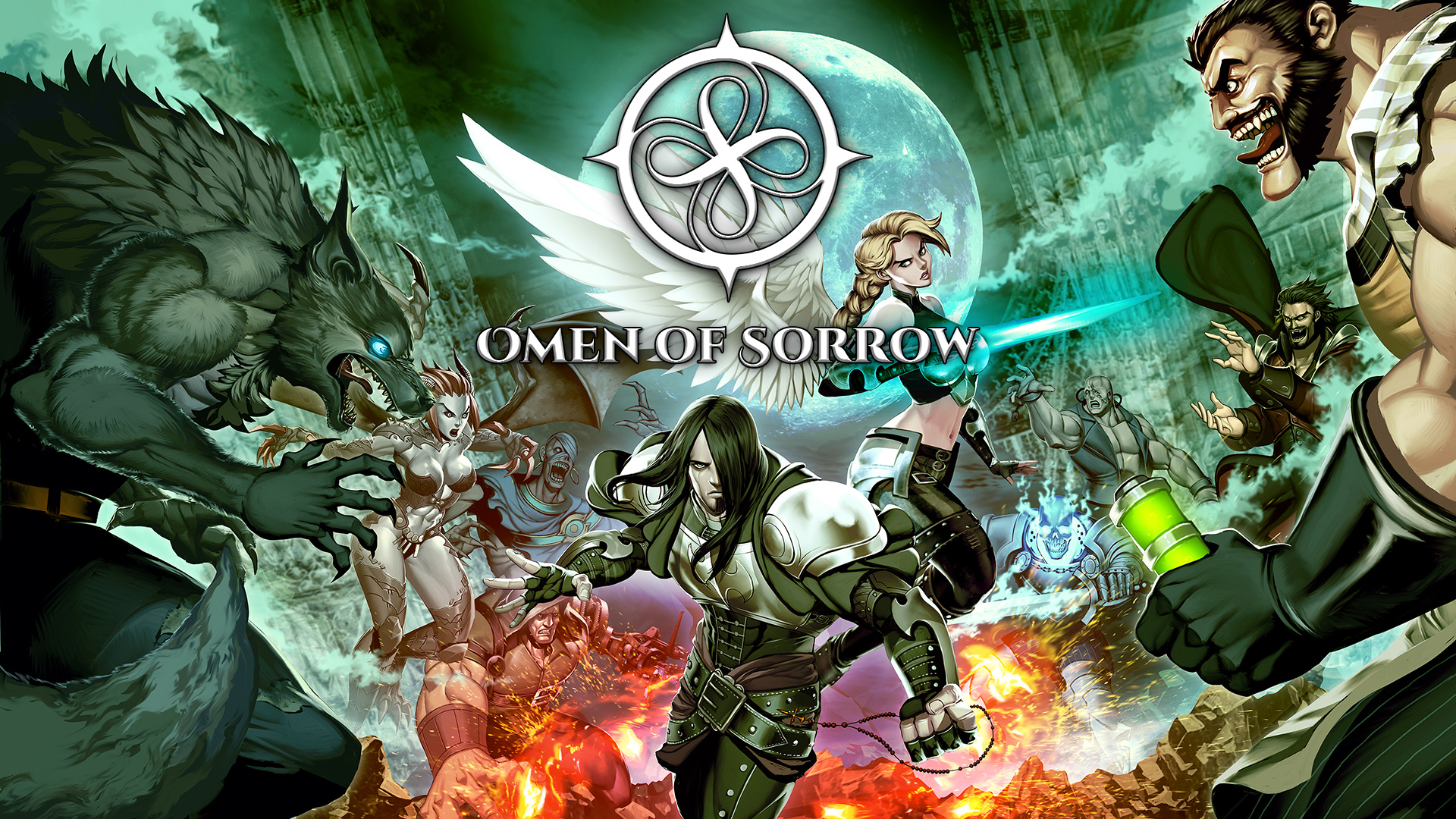 Omen of Sorrow's key art, featuring characters and the game's logo.