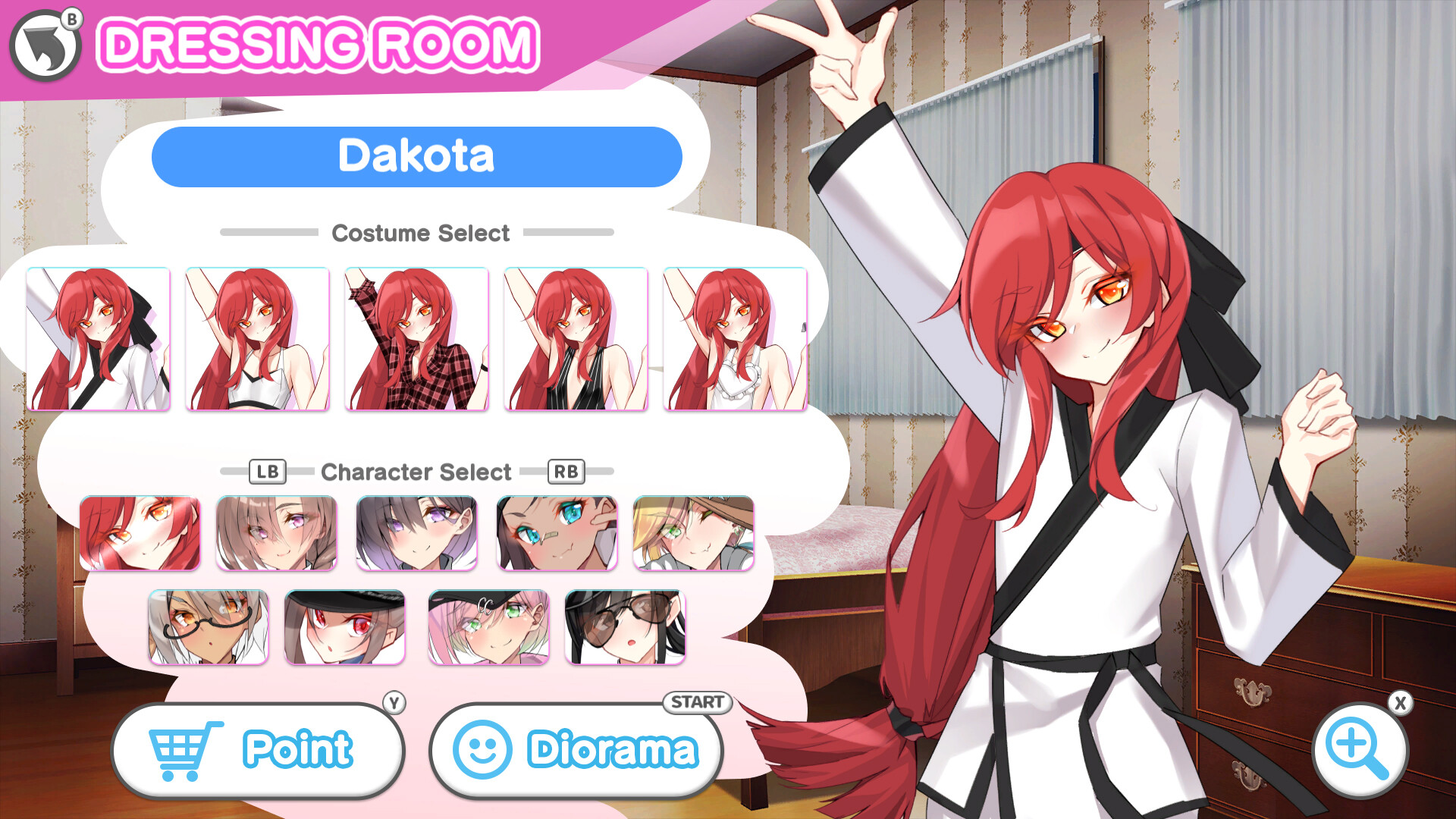 A screenshot from Otoko Cross: Pretty Boys Breakup! It shows Dakota in the enhanced dressing room.