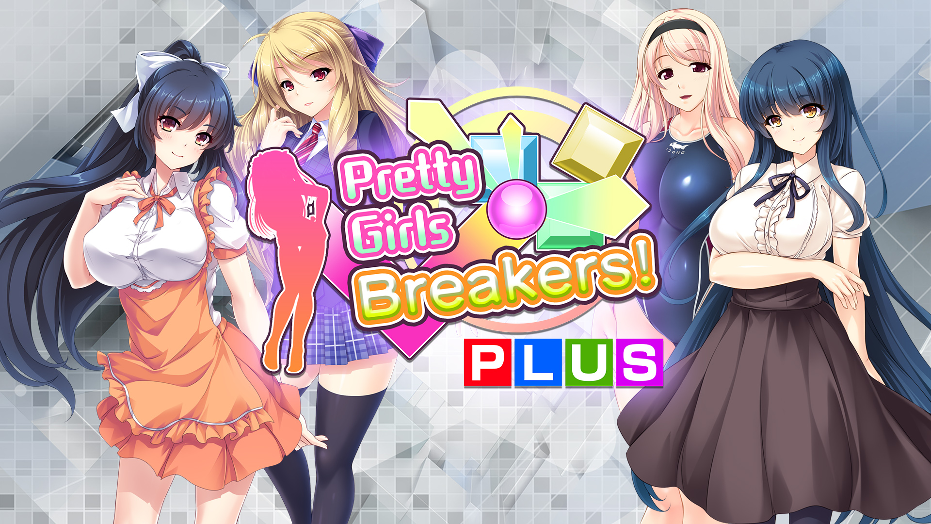 The key art for Pretty Girls Breakers! Plus, featuring four girls and the game's logo.