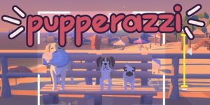 A banner for Pupperazzi featuring the game's logo and three dogs standing on a bench.