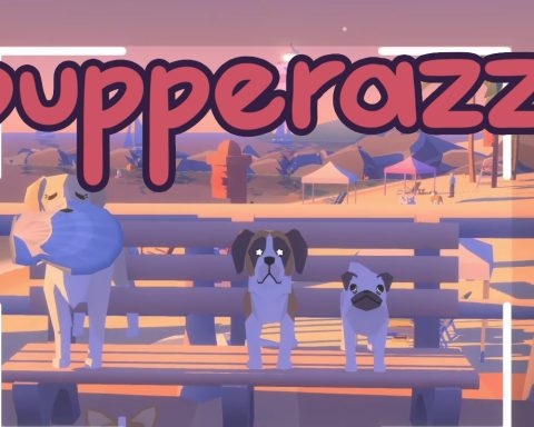 A banner for Pupperazzi featuring the game's logo and three dogs standing on a bench.