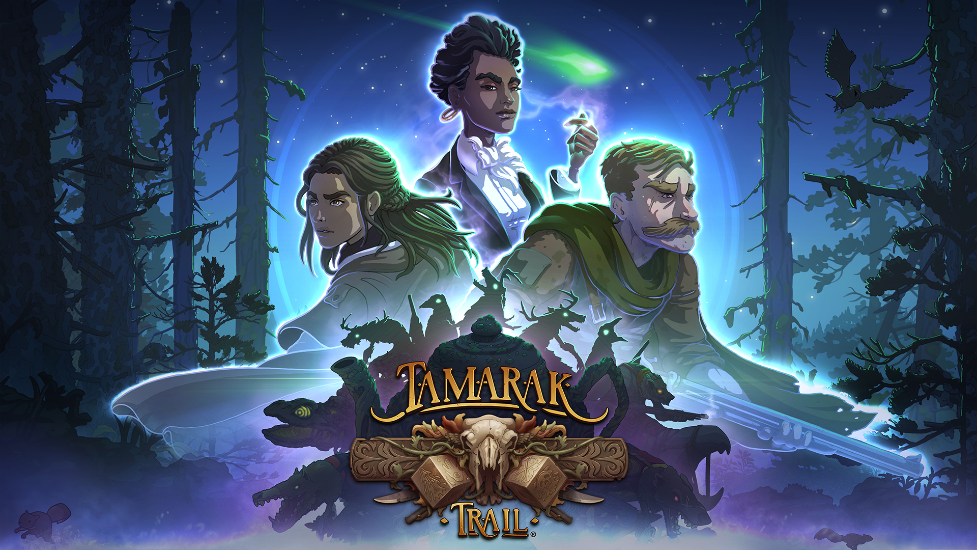 The key art for Tamarak Trail, featuring the three characters players can choose from.