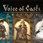 The key art for the Voice of Cards trilogy. It features the logo and three cards, one representing each title.