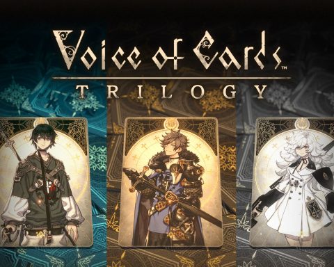 The key art for the Voice of Cards trilogy. It features the logo and three cards, one representing each title.