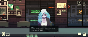 A screenshot from Coffee Shop Episode 2: Hibiscus & Butterfly. A woman with bright blue hair, Riona, is sitting in a cafe. She states "I think tonight was the most I have talked in the last two years."