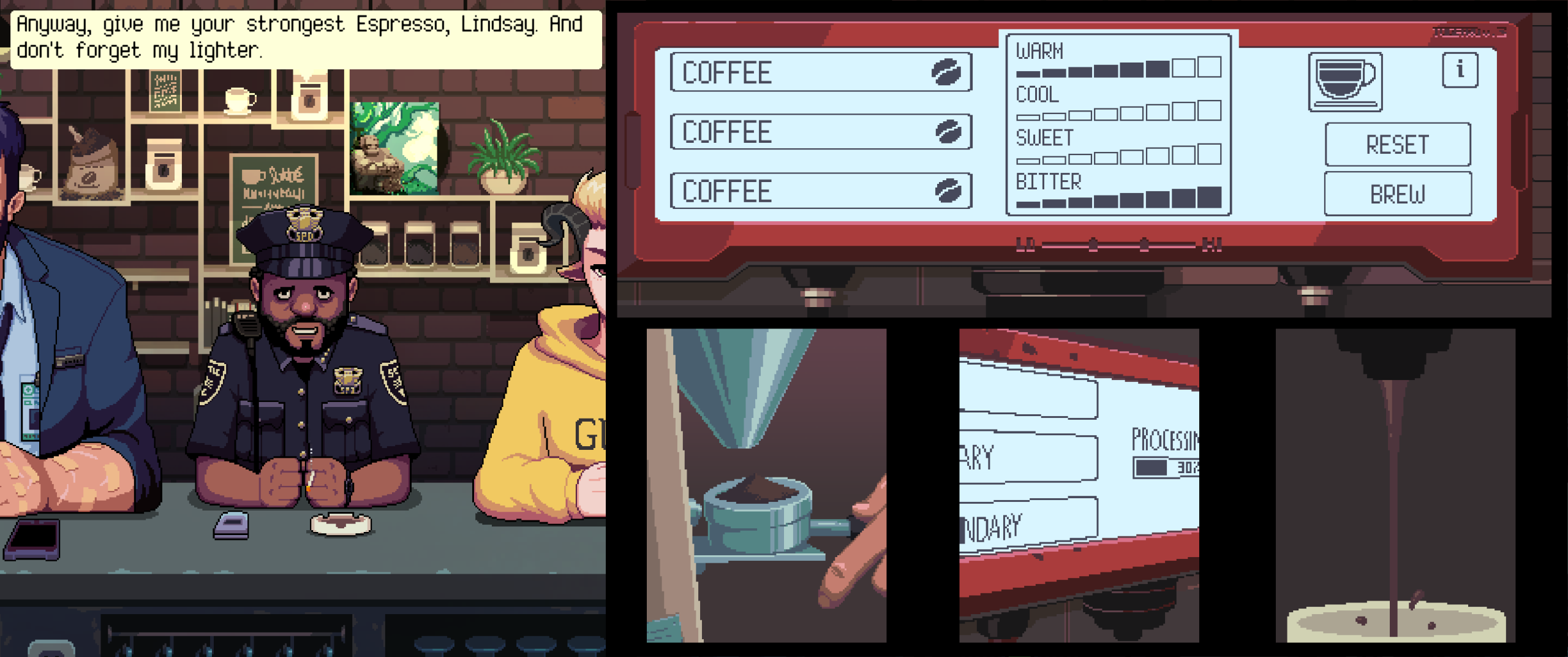 A screenshot from Coffee Shop Episode 2: Hibiscus & Butterfly. A police officer is ordering espresso and asking for his lighter back.