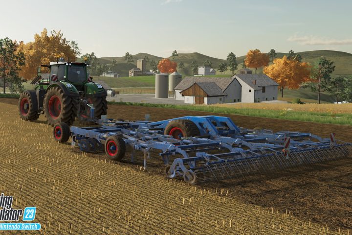 A screenshot of a blue machine working on a field in Farming Simulator 23.