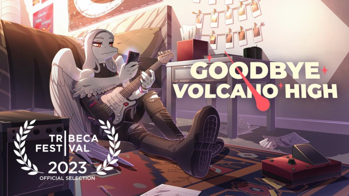 The key art for Goodbye Volcano High, with the Tribeca seal in the bottom left corner.