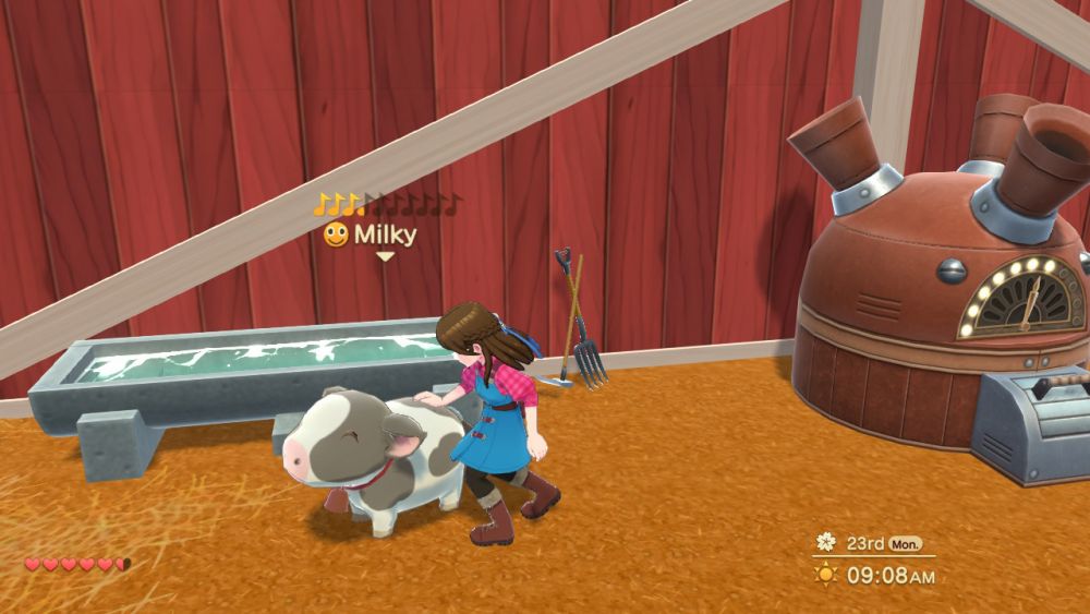 A screenshot from Harvest Moon: The Winds of Anthos. A girl is in a barn, petting a cow named Milky.