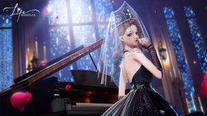 A screenshot from Life Makeover of a woman in a black dress standing in front of a piano.