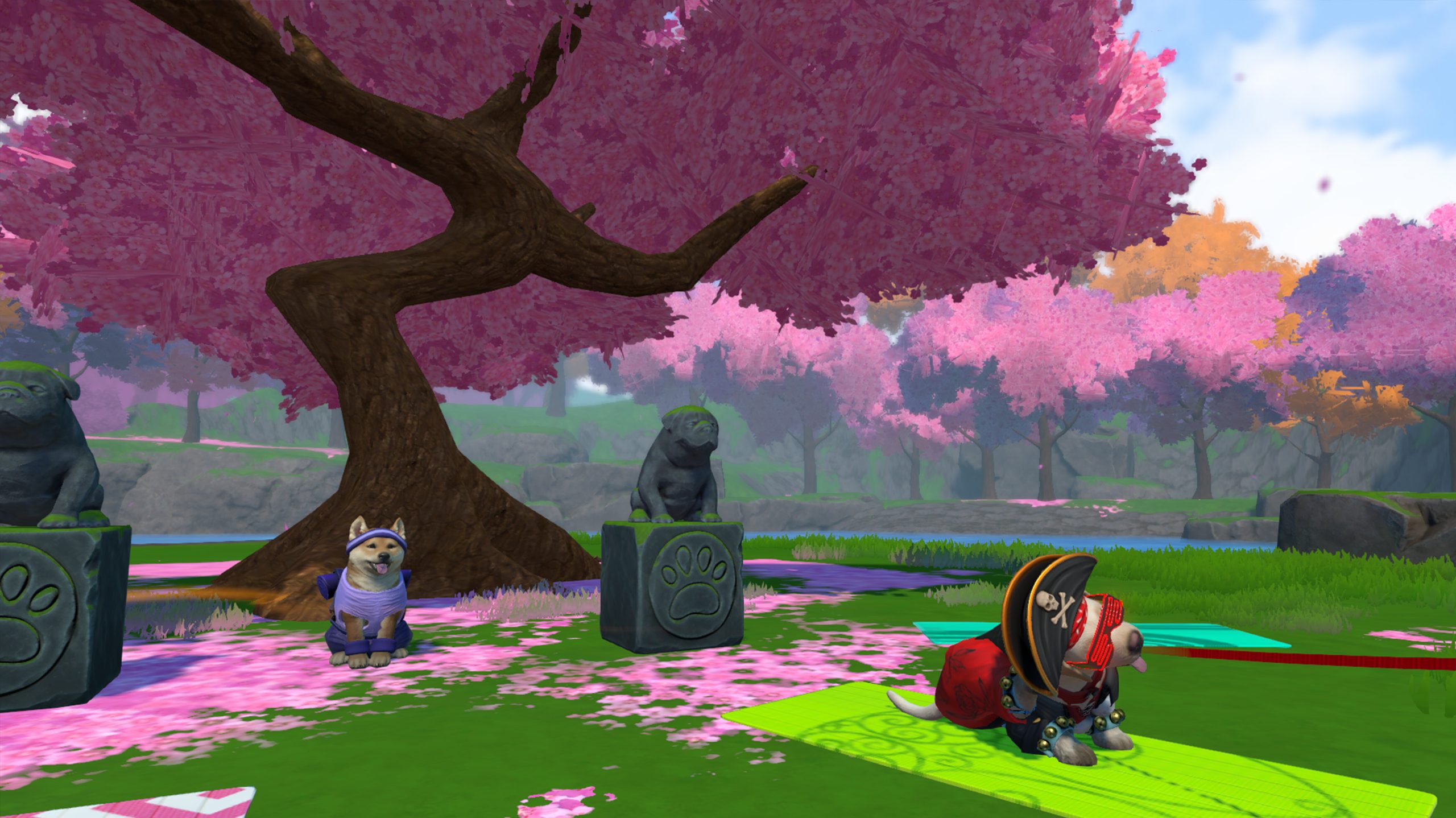 A screenshot from Little Friends: Puppy Island. Under a cherry blossom tree is a dog statue, and two dogs. One dog is dressed in workout gear, the other like a pirate.