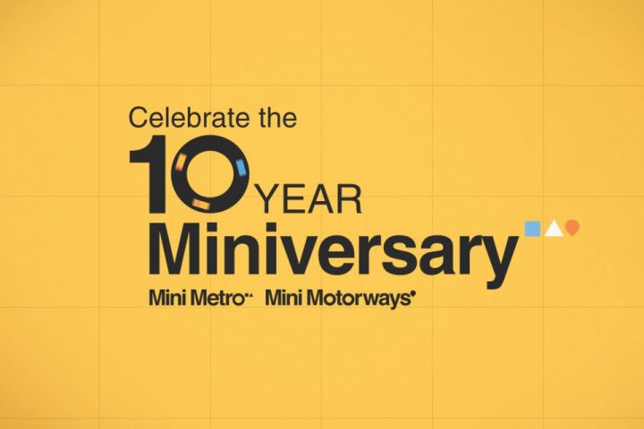 The words "Celebrate the 10 Year Miniversary, Mini Metro, Mini Motorways" are written in black on a yellow background.