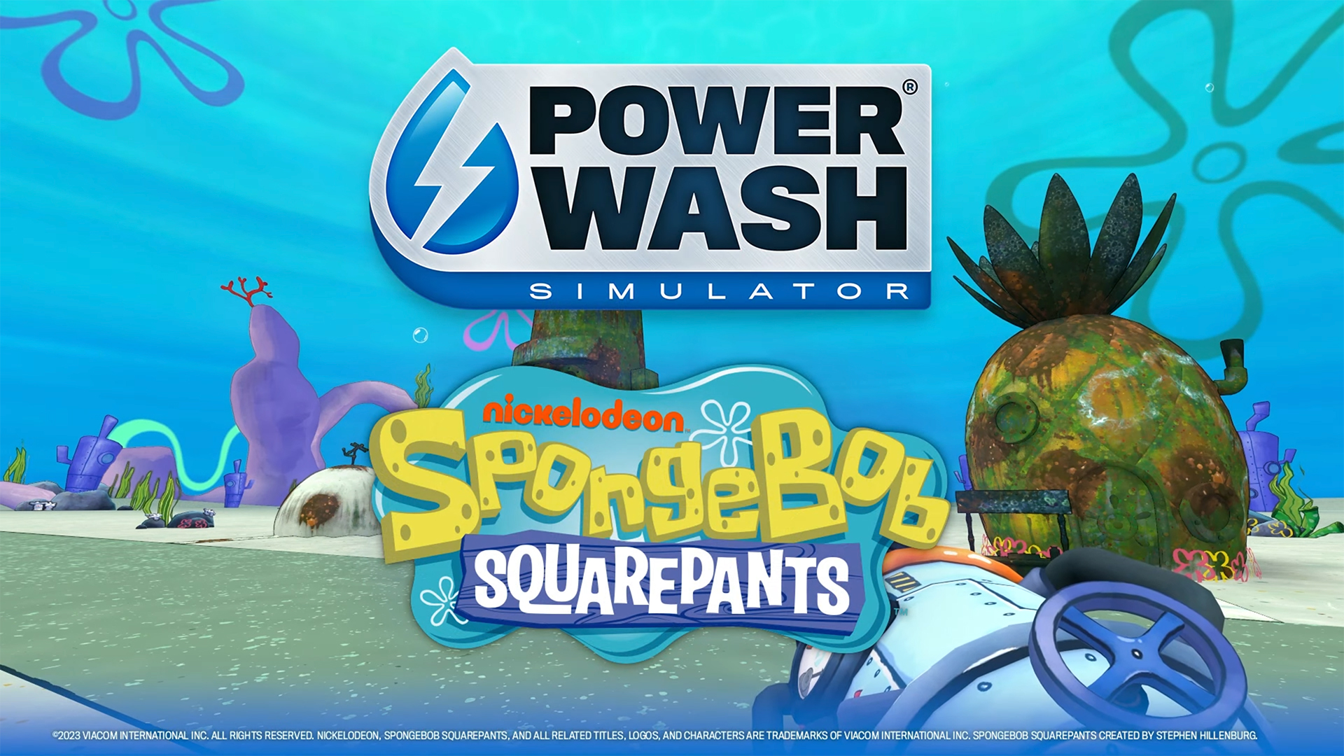 A screenshot from the teaser trailer for PowerWash Simulator's SpongeBob SquarePants Special Pack DLC.