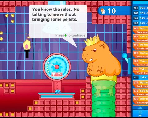 A screenshot from The Elephant Collection. A hamster wearing a crown is demanding pellets.