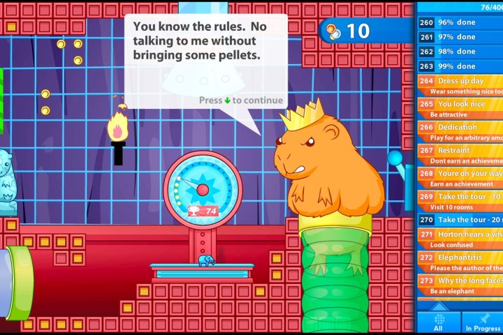 A screenshot from The Elephant Collection. A hamster wearing a crown is demanding pellets.
