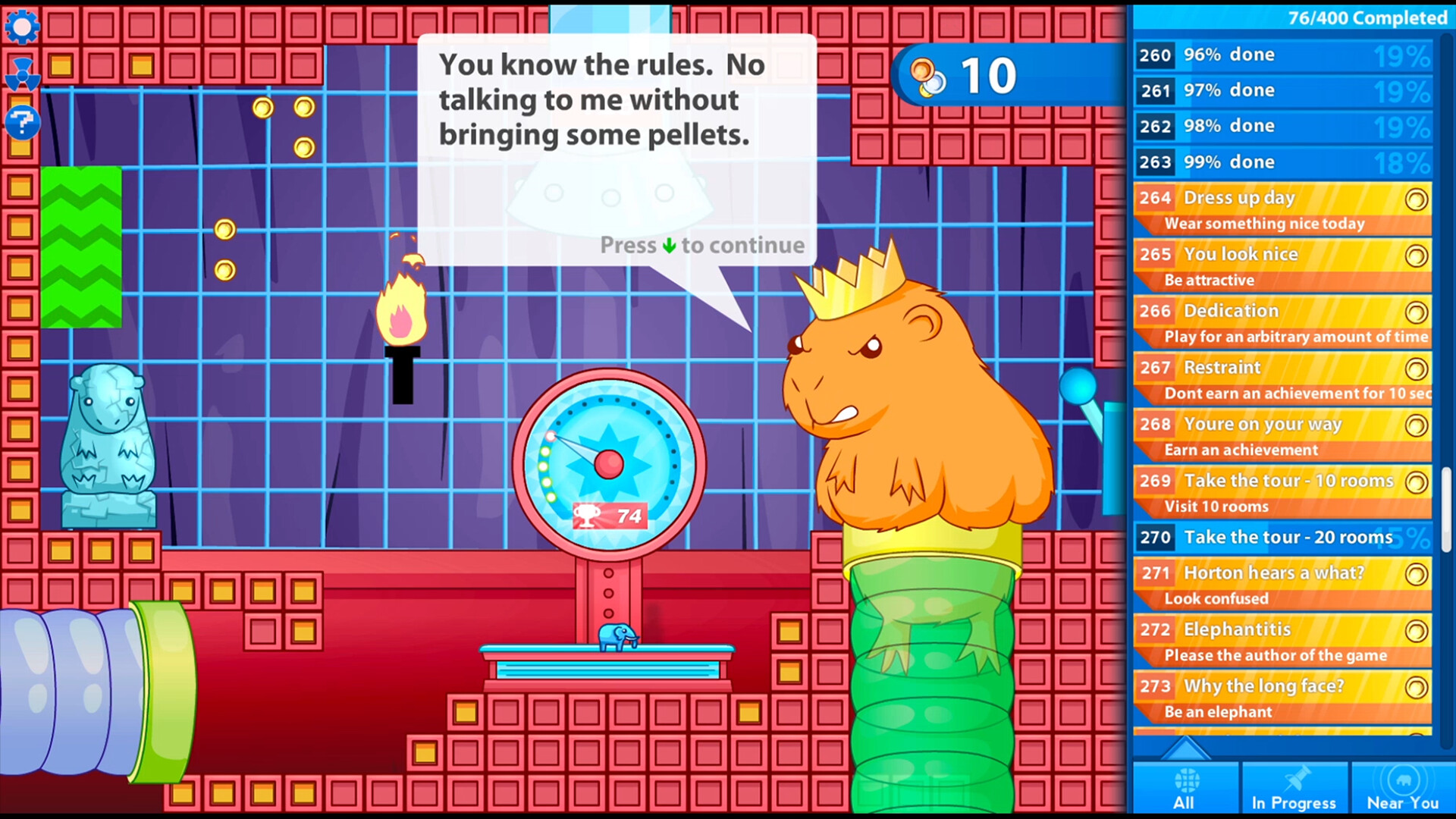 A screenshot from The Elephant Collection. A hamster wearing a crown is demanding pellets.