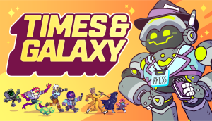 The key art for Times & Galaxy, with the game's logo and an illustrated robot reporter.