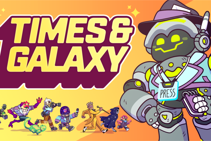 The key art for Times & Galaxy, with the game's logo and an illustrated robot reporter.